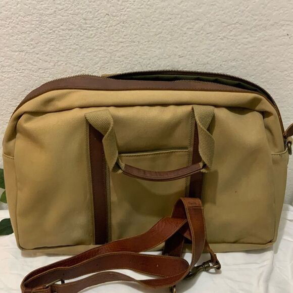 LL BEAN KHAKI CANVAS BROWN LEATHER 18" OVERNIGHT DUFFLE/SHOULDER BAG / C… - Picture 3 of 15